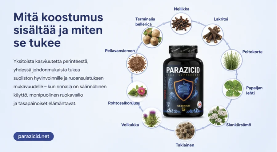 Parazicid — kapselit, joissa yksitoista kasviuutetta ruoansulatukselle ja säännöllisyydelle